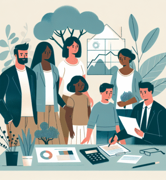 Moderne nordisk illustrasjon av en familie og en selvstendig næringsdrivende som planlegger langsiktig lån med kalkulator, diagrammer og lånedokumenter, rolig fargepalett