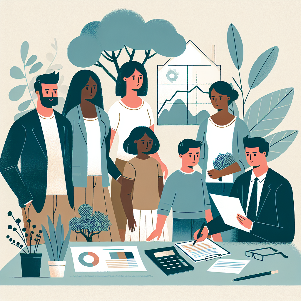 Moderne nordisk illustrasjon av en familie og en selvstendig næringsdrivende som planlegger langsiktig lån med kalkulator, diagrammer og lånedokumenter, rolig fargepalett