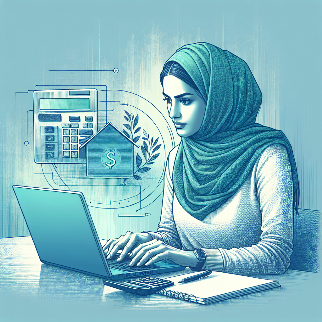 En moderne, seriøs illustrasjon av økonomi: en person som sammenligner lånetilbud på en bærbar PC, med kalkulator, notatblokk og rolige blå/grønne farger