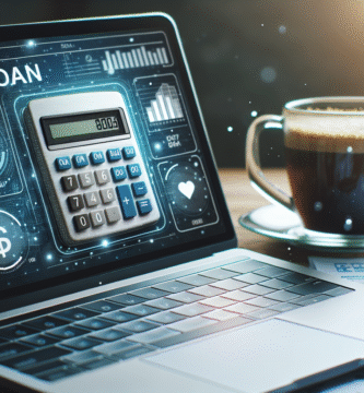 Nærbilde av en digital lånekalkulator på en laptop med økonomiske notater, kalkulator-app på skjermen og en kopp kaffe, moderne og profesjonell stil
