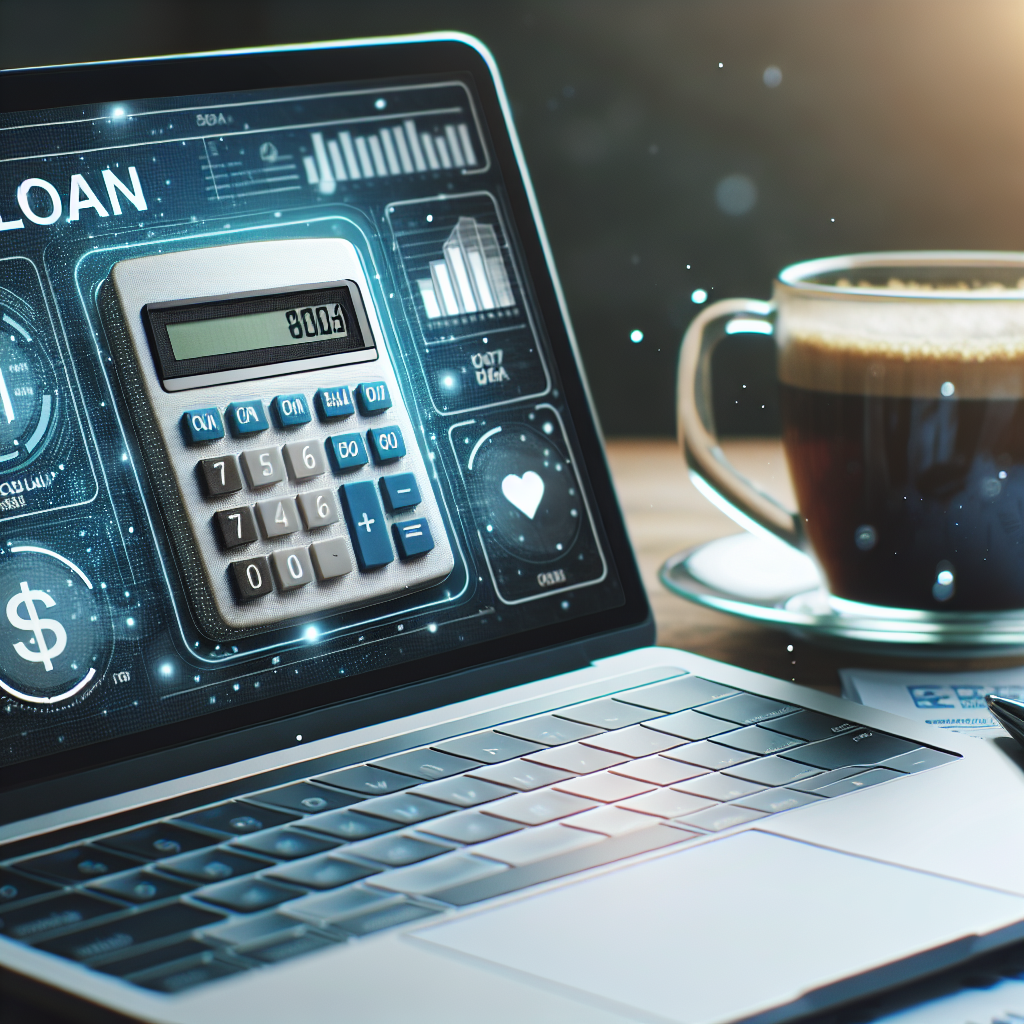 Nærbilde av en digital lånekalkulator på en laptop med økonomiske notater, kalkulator-app på skjermen og en kopp kaffe, moderne og profesjonell stil