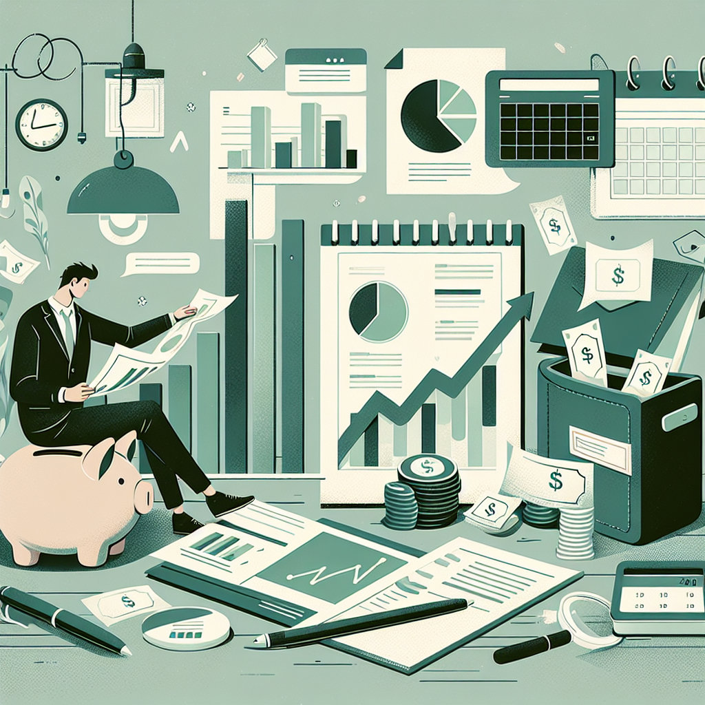 Illustrasjon av personlig økonomi i krise: en person som organiserer regninger, digitale grafer, sparegris og kalender, dempet fargepalett