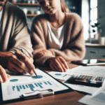 Nærbilde av en norsk familie som vurderer økonomi ved kjøkkenbordet, med grafer og lånedokumenter synlige, rolig fargepalett og moderne stil