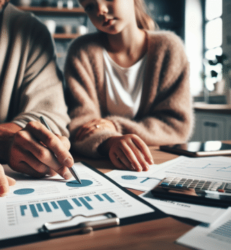 Nærbilde av en norsk familie som vurderer økonomi ved kjøkkenbordet, med grafer og lånedokumenter synlige, rolig fargepalett og moderne stil
