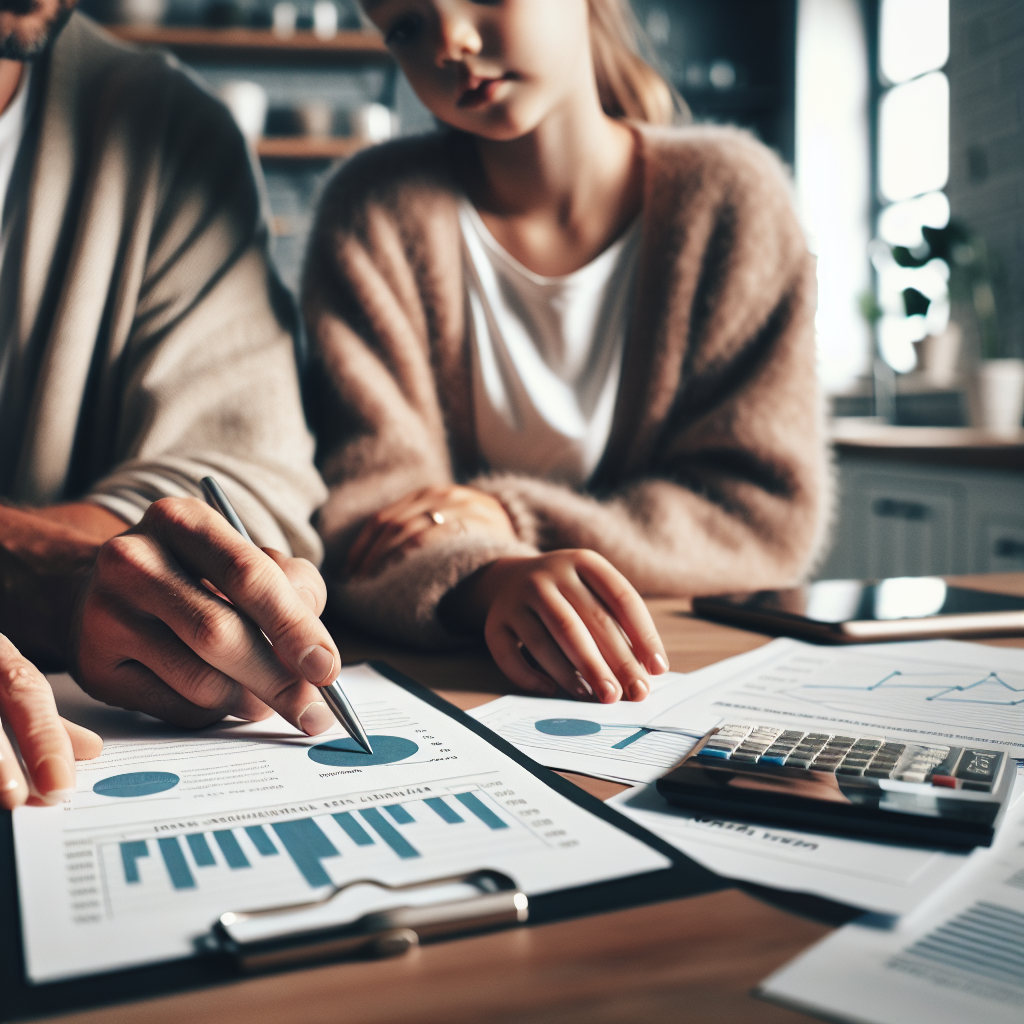 Nærbilde av en norsk familie som vurderer økonomi ved kjøkkenbordet, med grafer og lånedokumenter synlige, rolig fargepalett og moderne stil