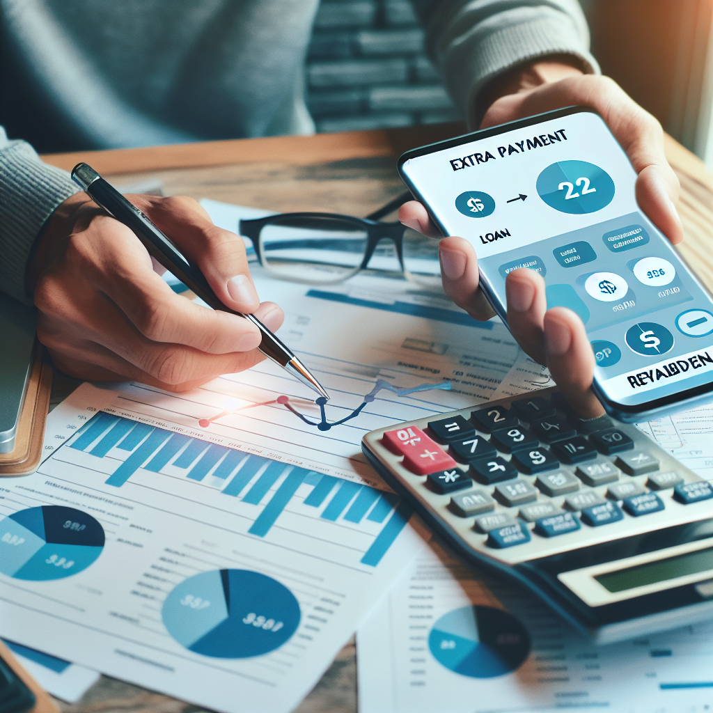 Person som betaler ekstra på lån via mobilbank, kalkulator og nedbetalingsgraf i bakgrunnen, moderne og rolig fargepalett